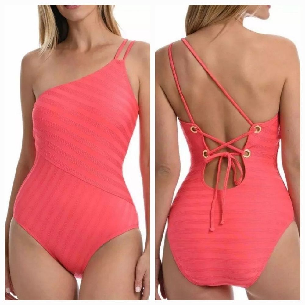 La Blanca Women's Pink Linea Costa One Shoulder One Piece Swimsuit Size 8